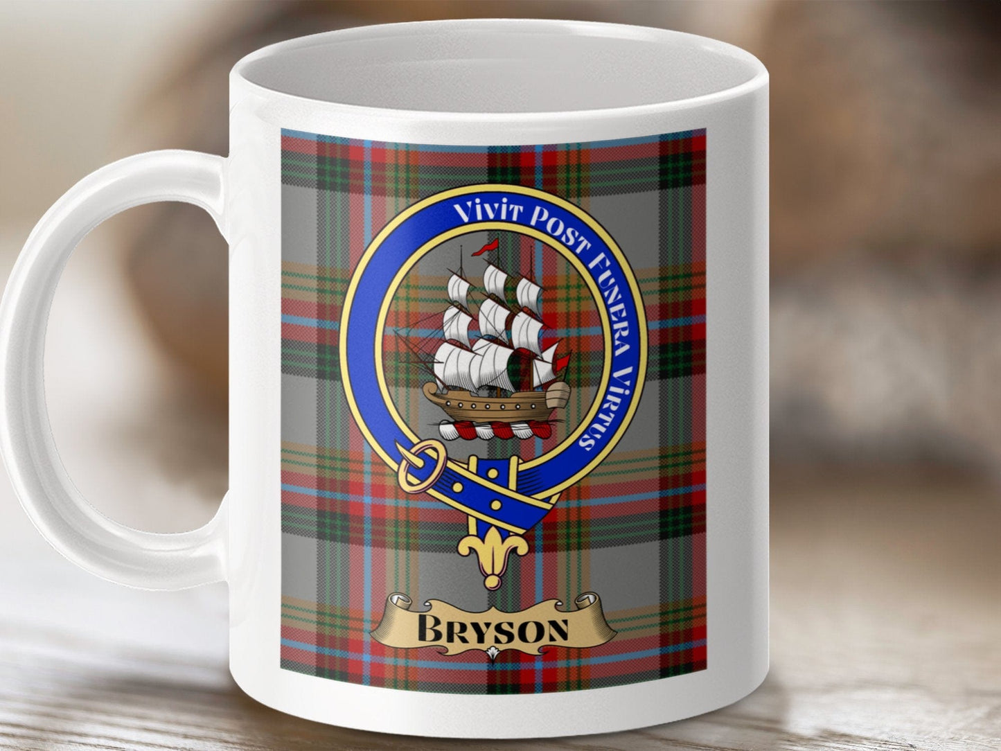 Physical Item 11oz / 11oz / White Bryson Clan Scottish Tartan Crest Mug