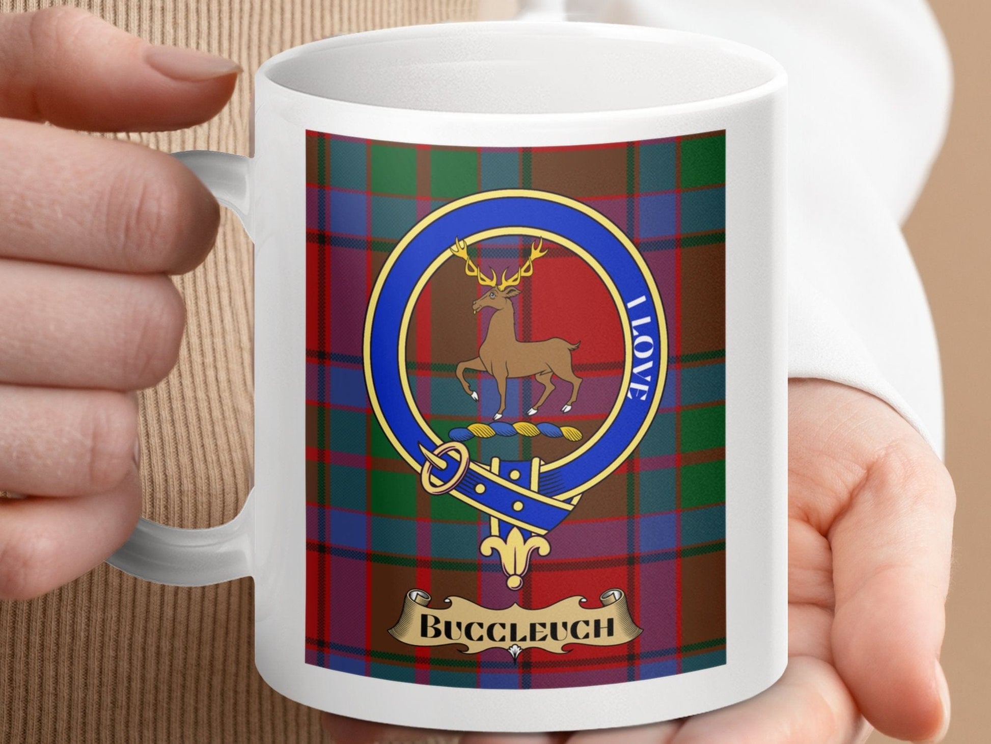 Physical Item 11oz / 11oz / White Buccleuch Clan Scottish Tartan Crest Mug