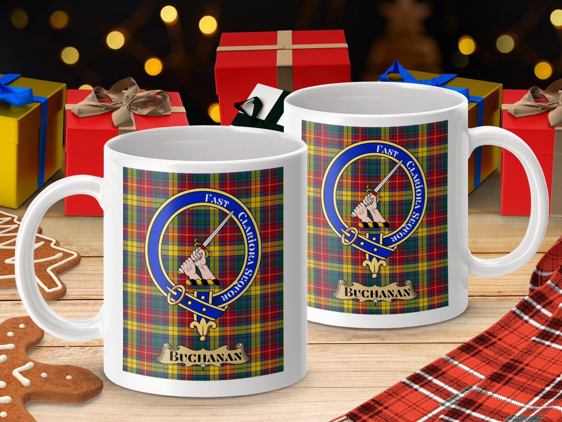 Physical Item 11oz / 11oz / White Buchanan Scottish Clan Tartan Crest Mug