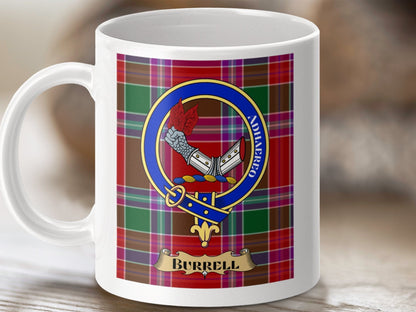 Physical Item 11oz / 11oz / White Burrell Clan Scottish Tartan Crest Mug