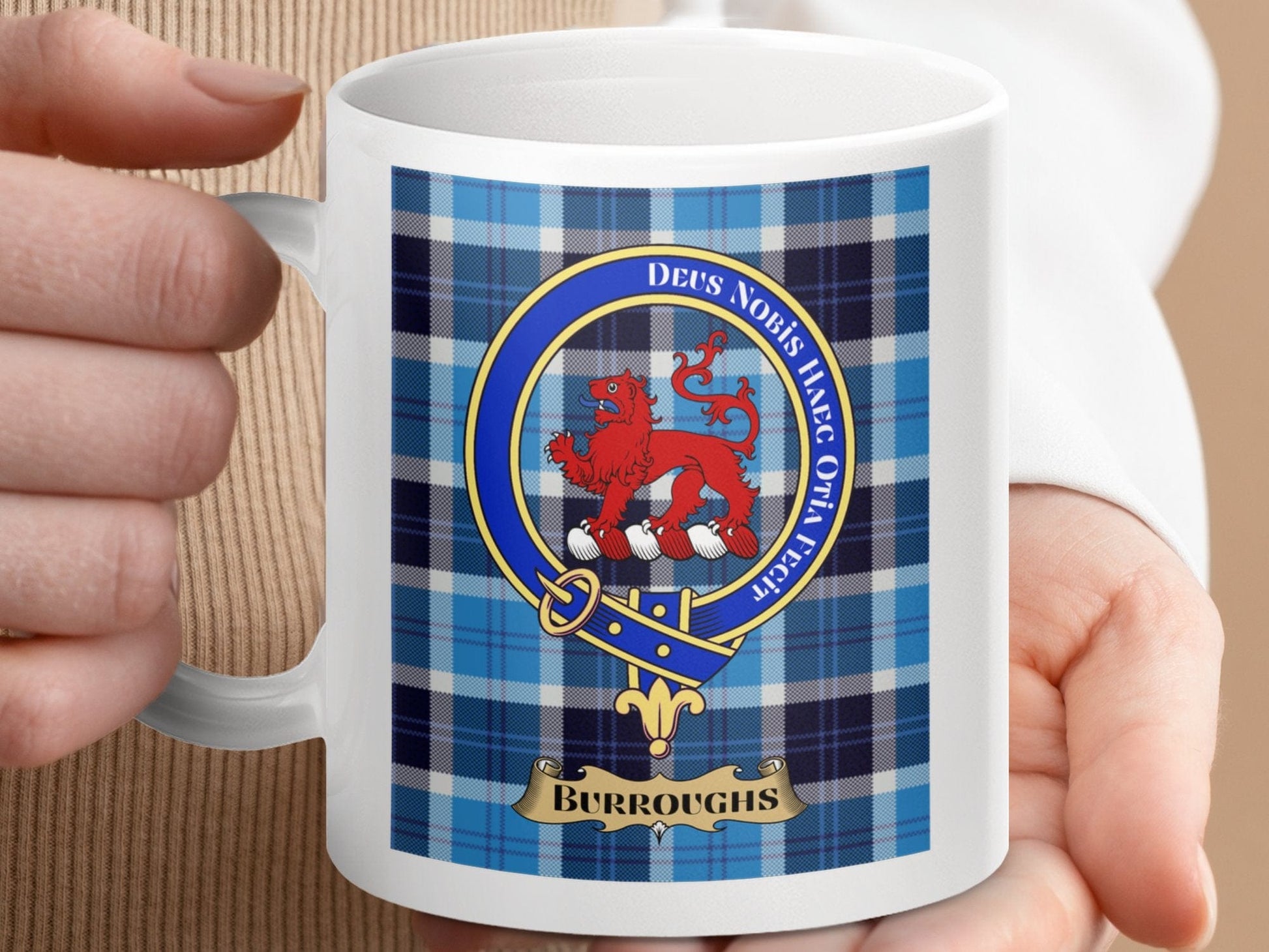 Physical Item 11oz / 11oz / White Burroughs Clan Scottish Tartan Crest Mug