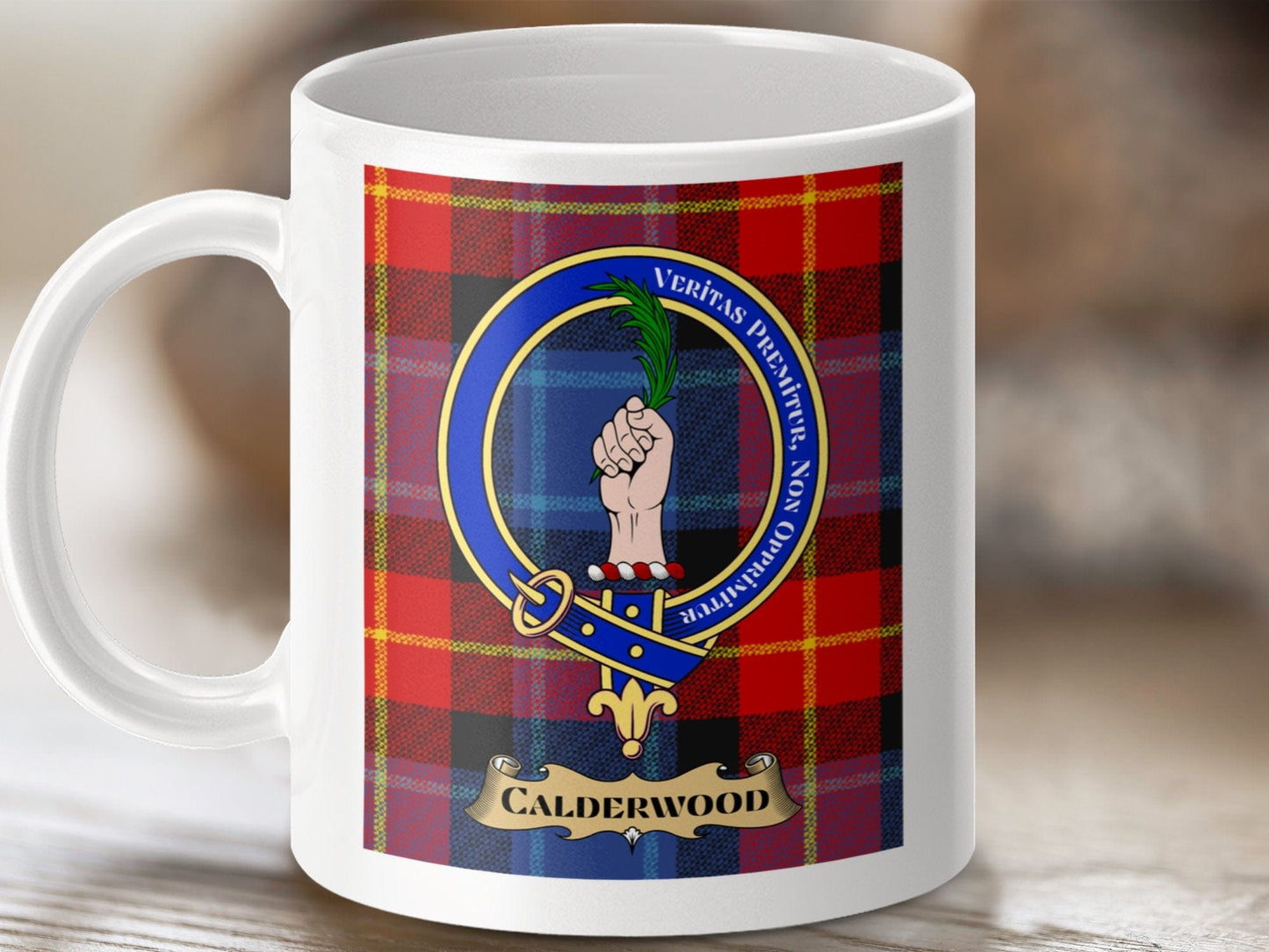 Physical Item 11oz / 11oz / White Calderwood Clan Scottish Tartan Crest Mug