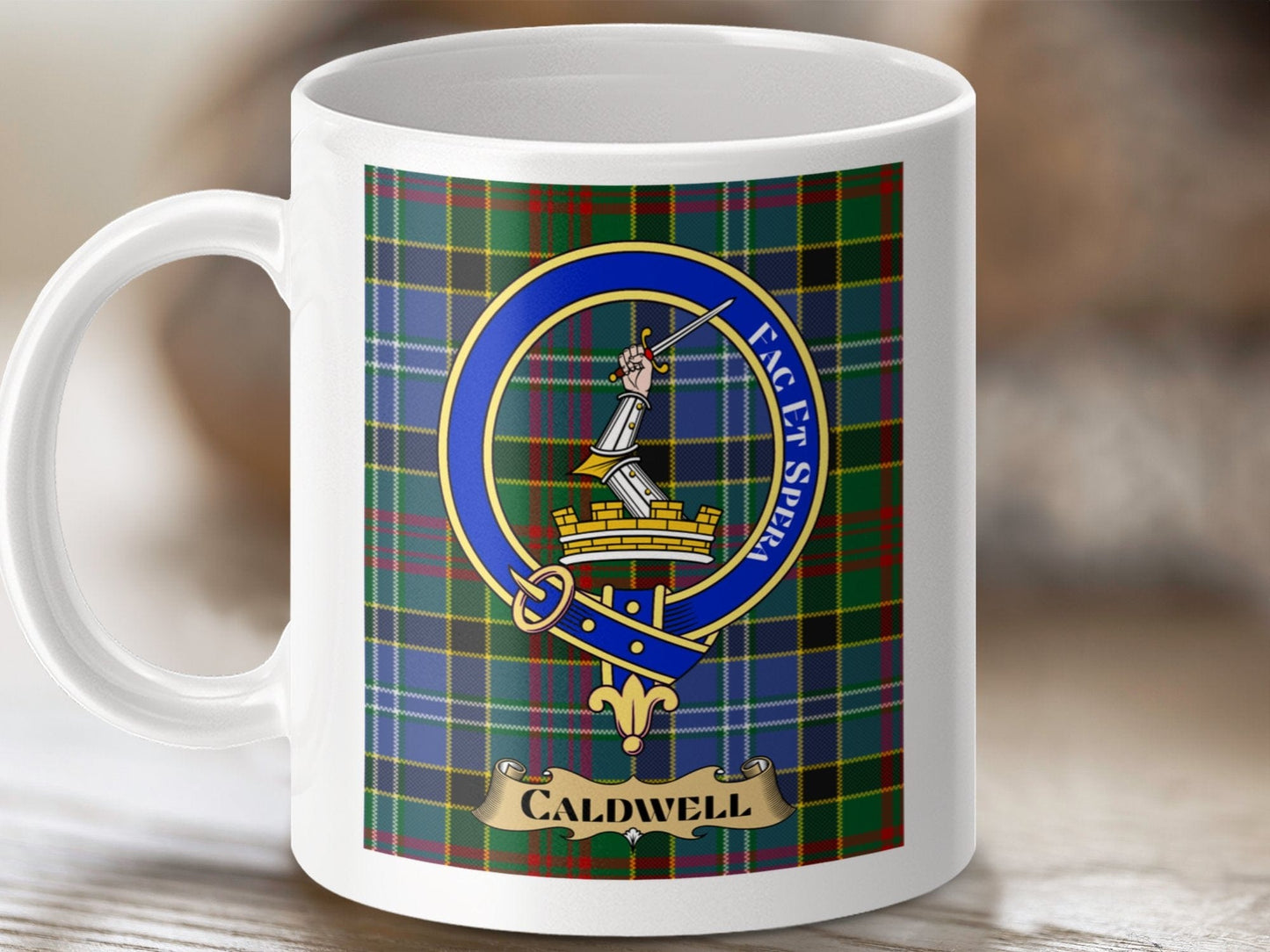 Physical Item 11oz / 11oz / White Caldwell Clan Scottish Tartan Crest Mug