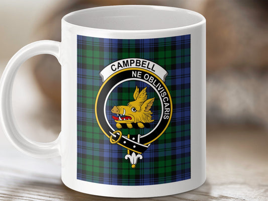 Physical Item 11oz / 11oz / White Campbell Clan Scottish Tartan Crest Mug