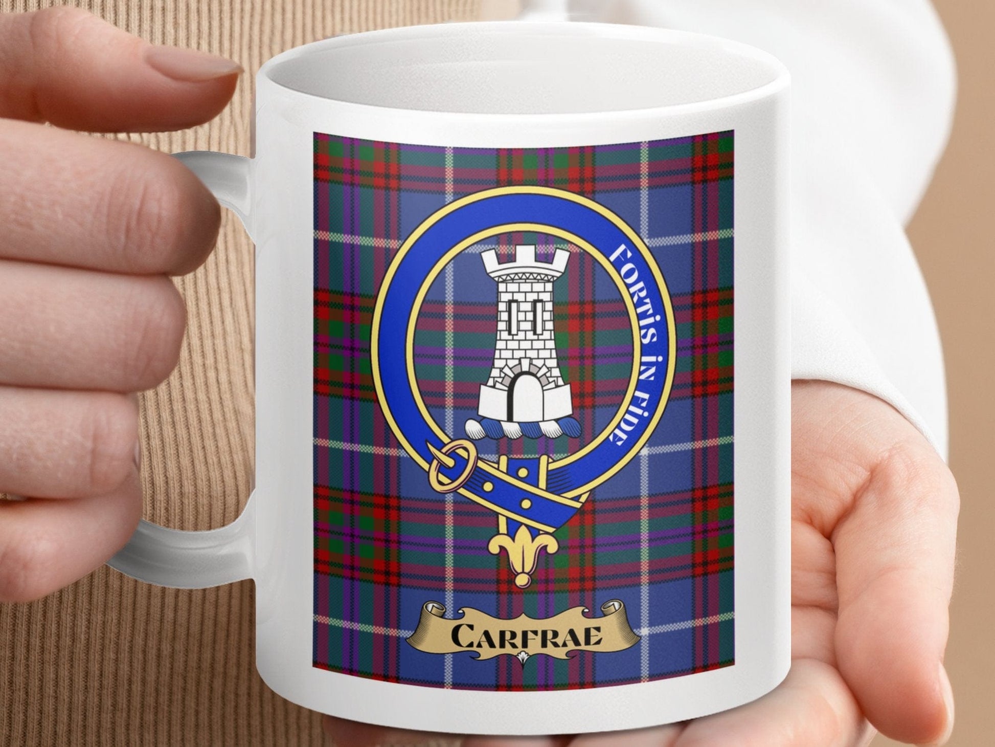 Physical Item 11oz / 11oz / White Carfrae Clan Scottish Tartan Crest Mug