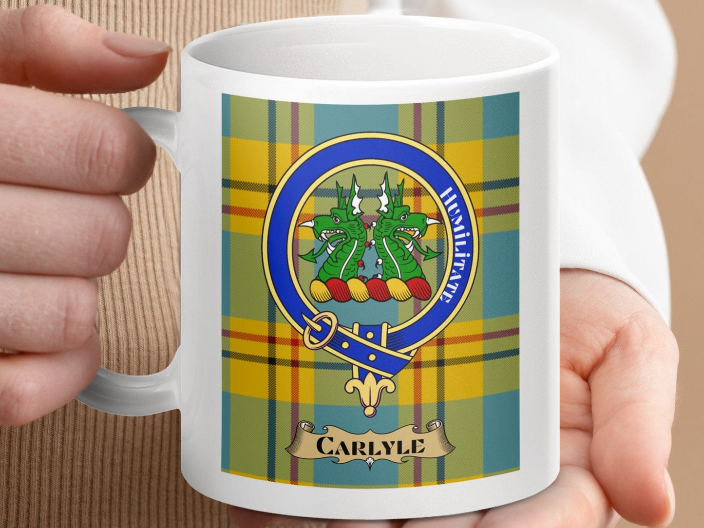 Physical Item 11oz / 11oz / White Carlyle Clan Scottish Tartan Crest Mug