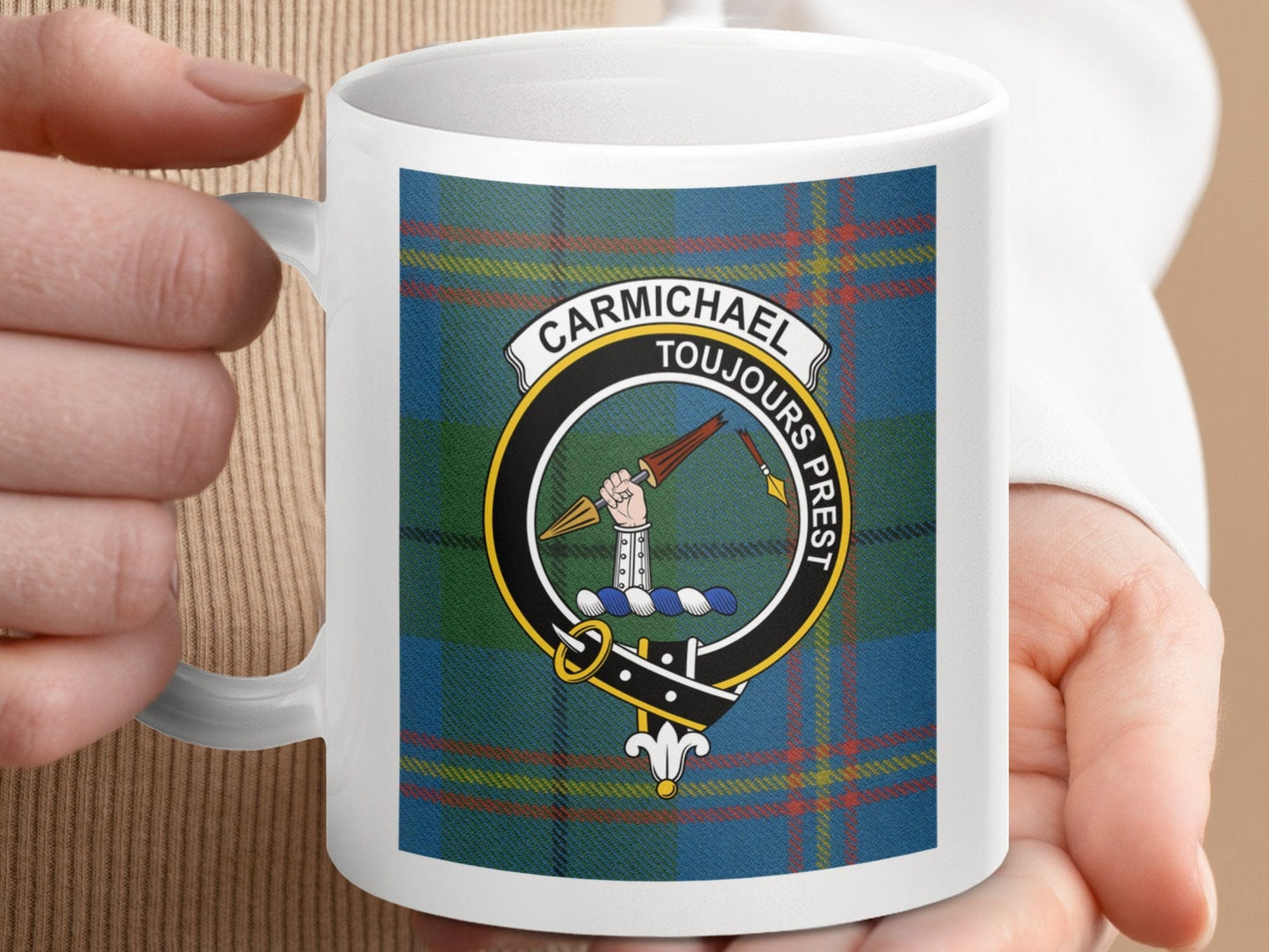 Physical Item 11oz / 11oz / White Carmichael Clan Scottish Tartan Crest Mug