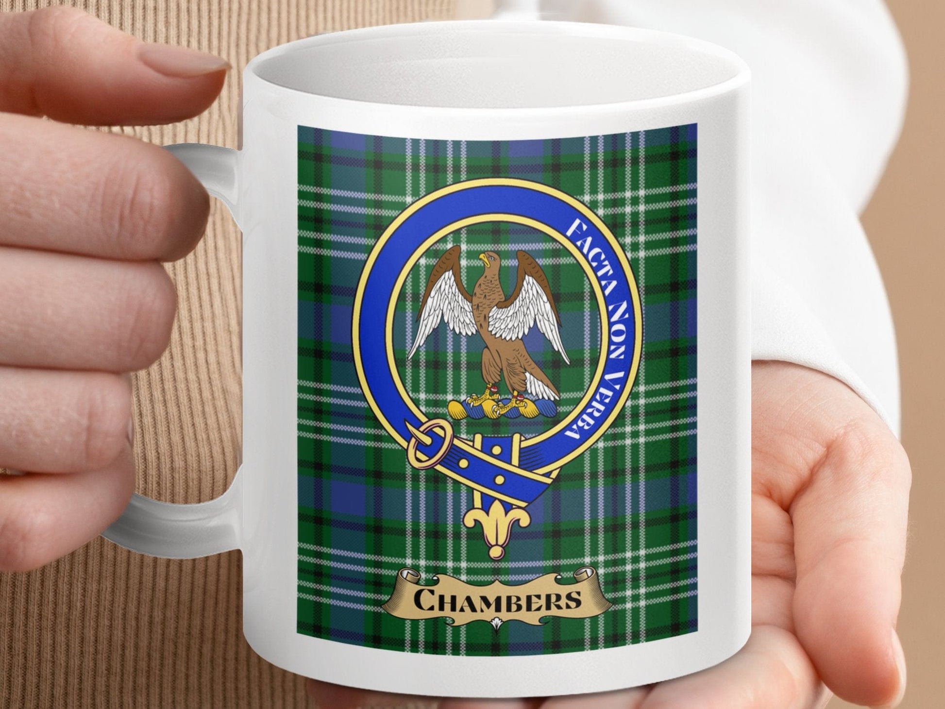 Physical Item 11oz / 11oz / White Chambers Clan Scottish Tartan Crest mug