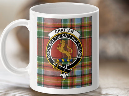 Physical Item 11oz / 11oz / White Chattan Clan Scottish Tartan Crest Mug