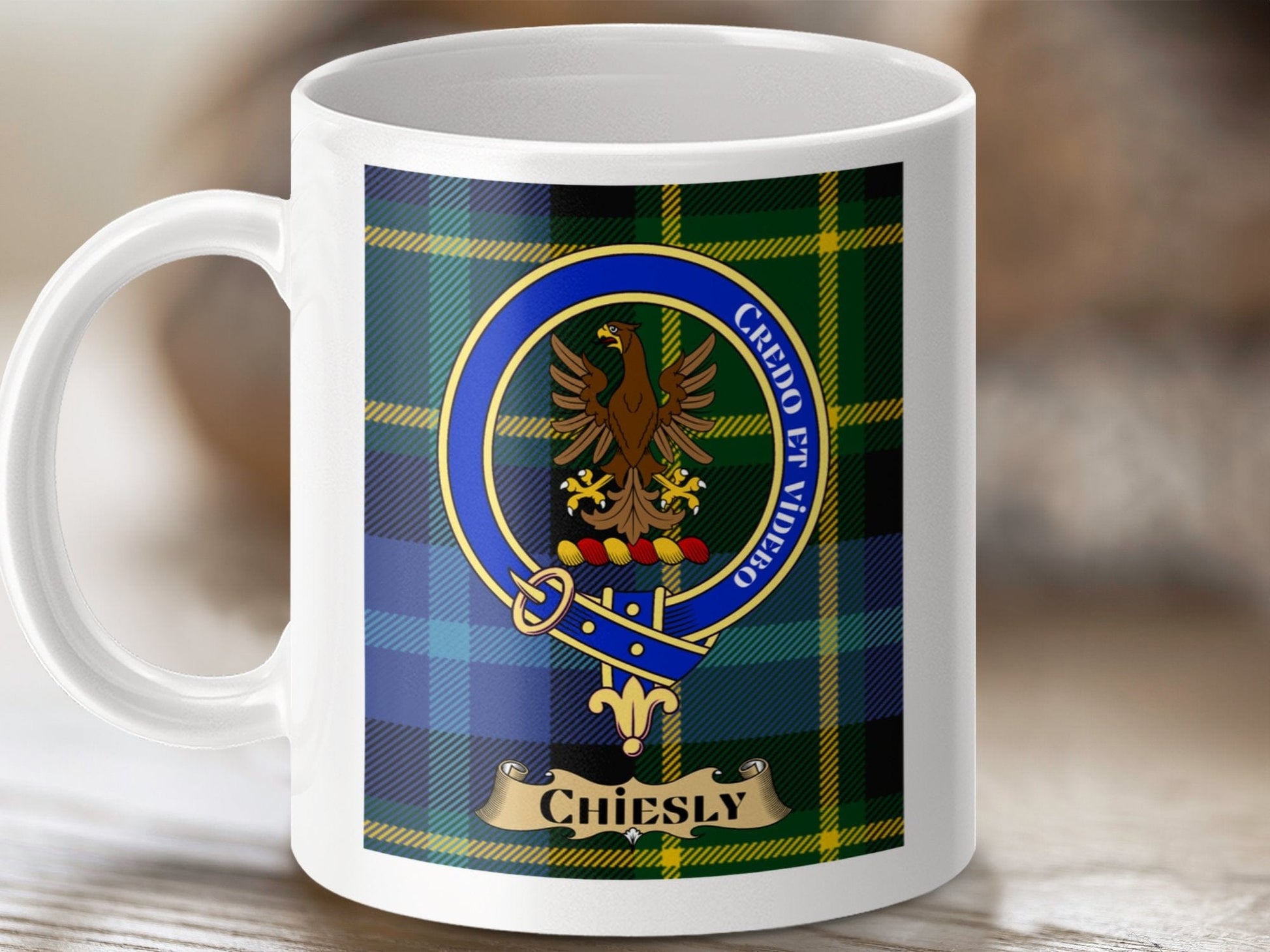 Physical Item 11oz / 11oz / White Chiesly Clan Scottish Tartan Crest Mug