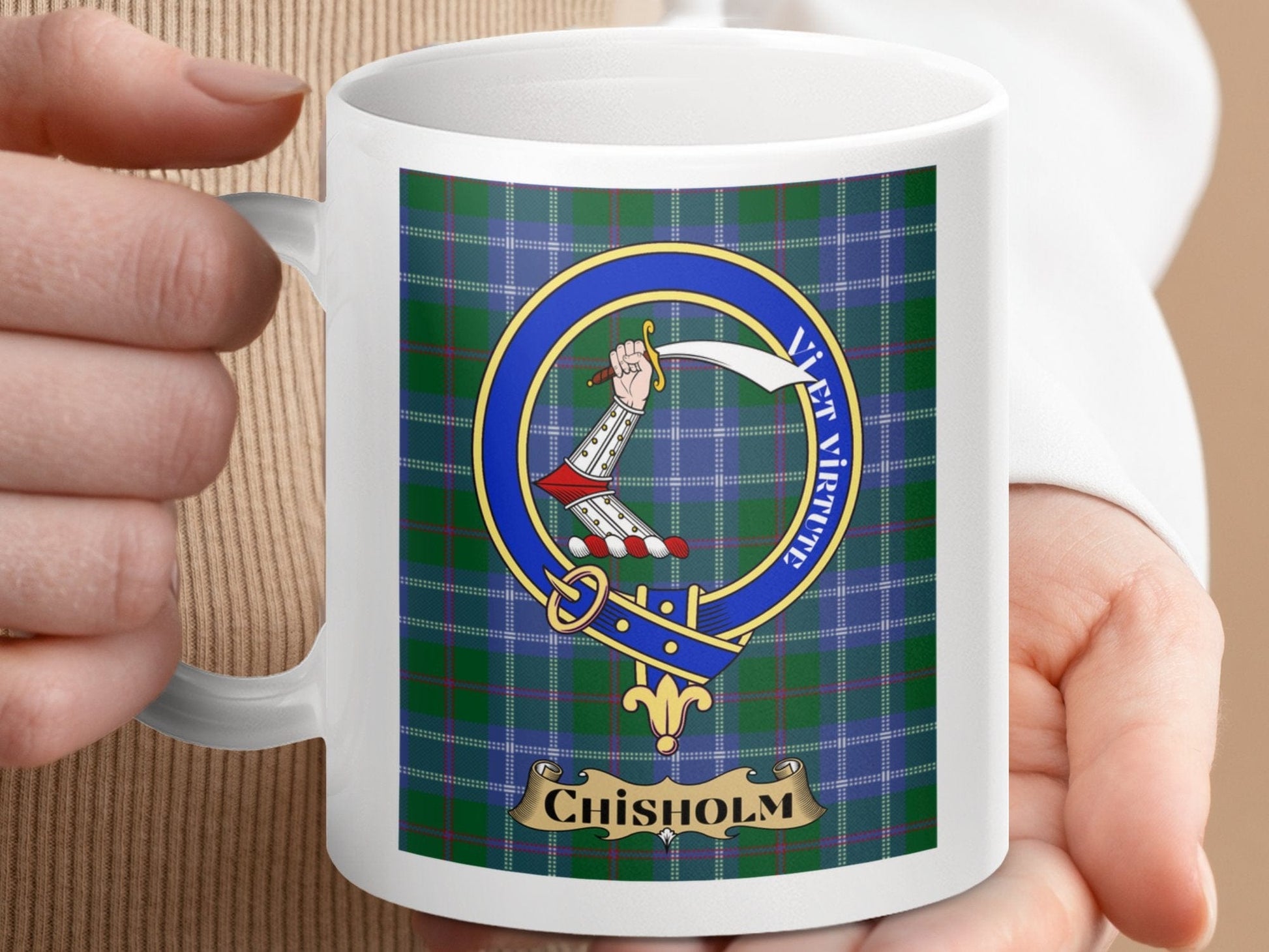 Physical Item 11oz / 11oz / White Chisholm Clan Scottish Tartan Crest Mug