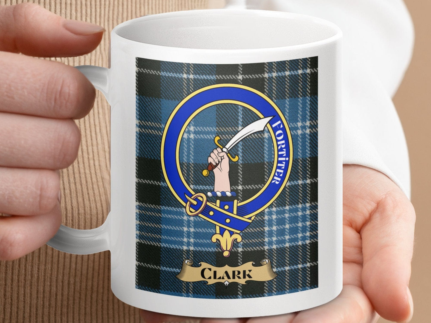 Physical Item 11oz / 11oz / White Clark Clan Scottish Tartan Crest Mug