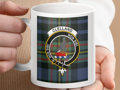 Physical Item 11oz / 11oz / White Clelland Clan Scottish Tartan Crest Mug