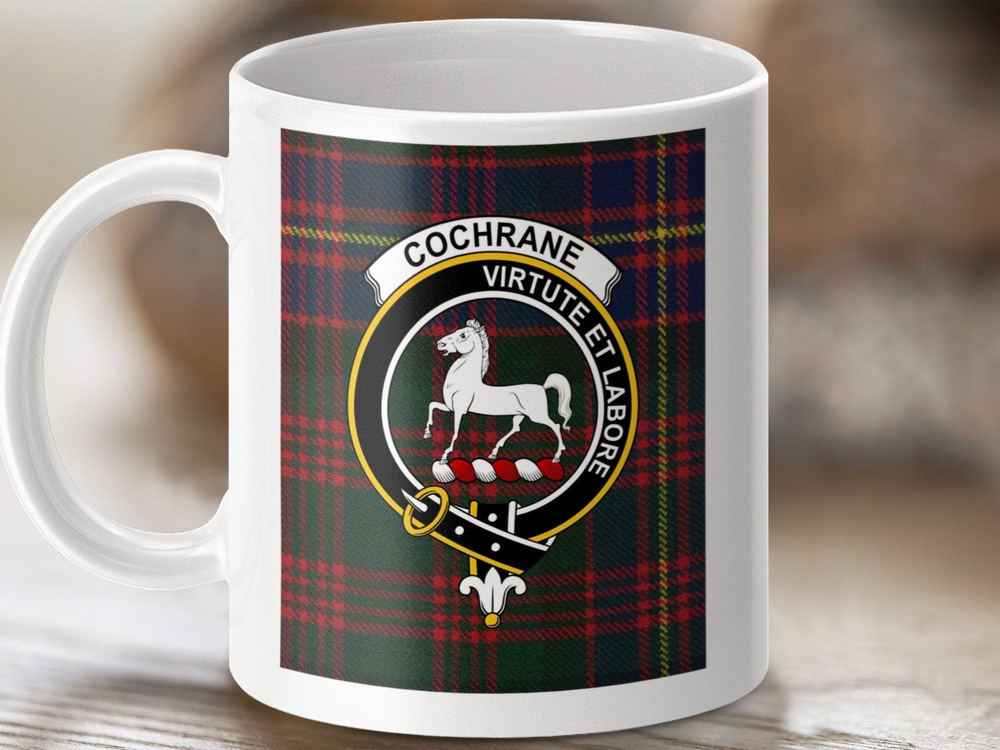 Physical Item 11oz / 11oz / White Cochrane Clan Scottish Tartan Crest Mug