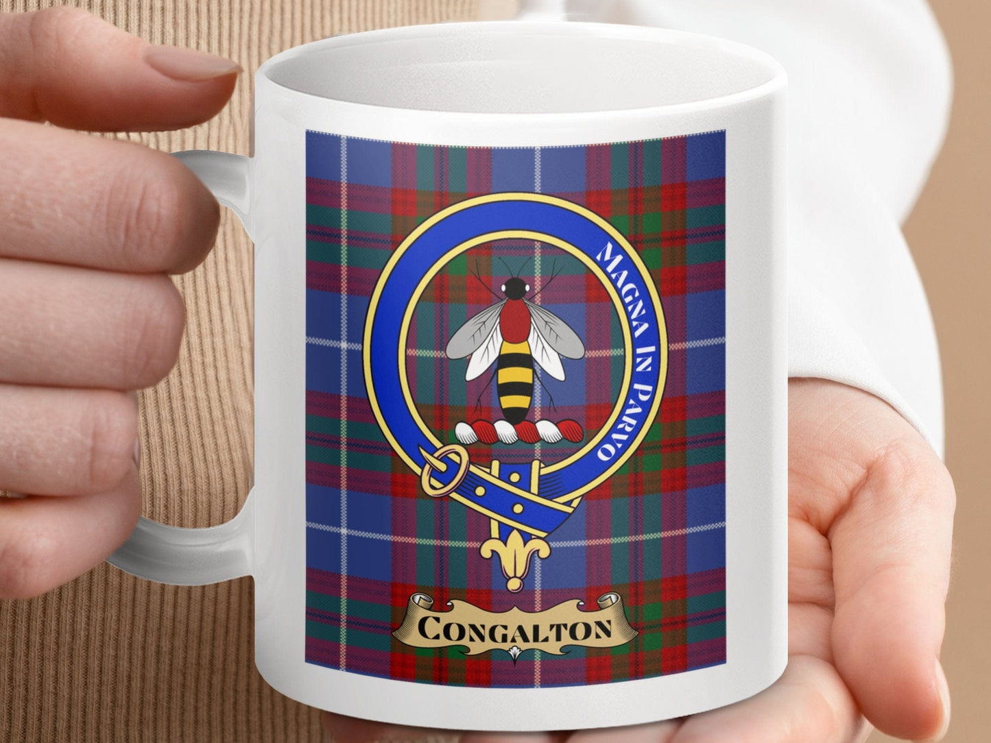 Physical Item 11oz / 11oz / White Congalton Clan Scottish Tartan Crest Mug