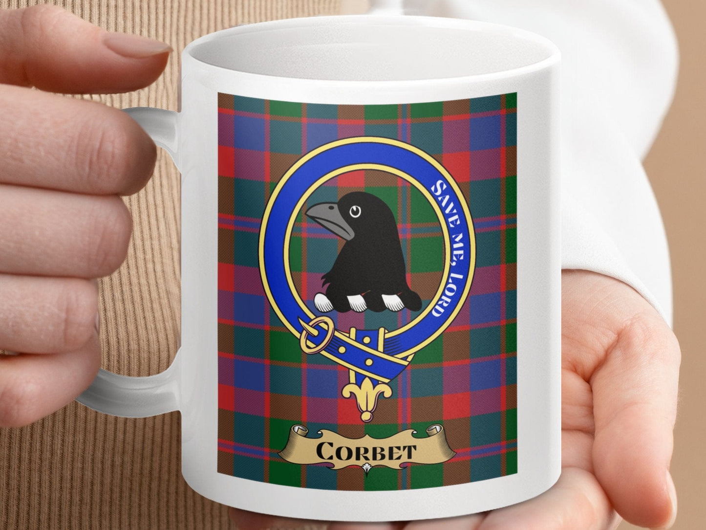 Physical Item 11oz / 11oz / White Corbet Clan Scottish Tartan Crest mug