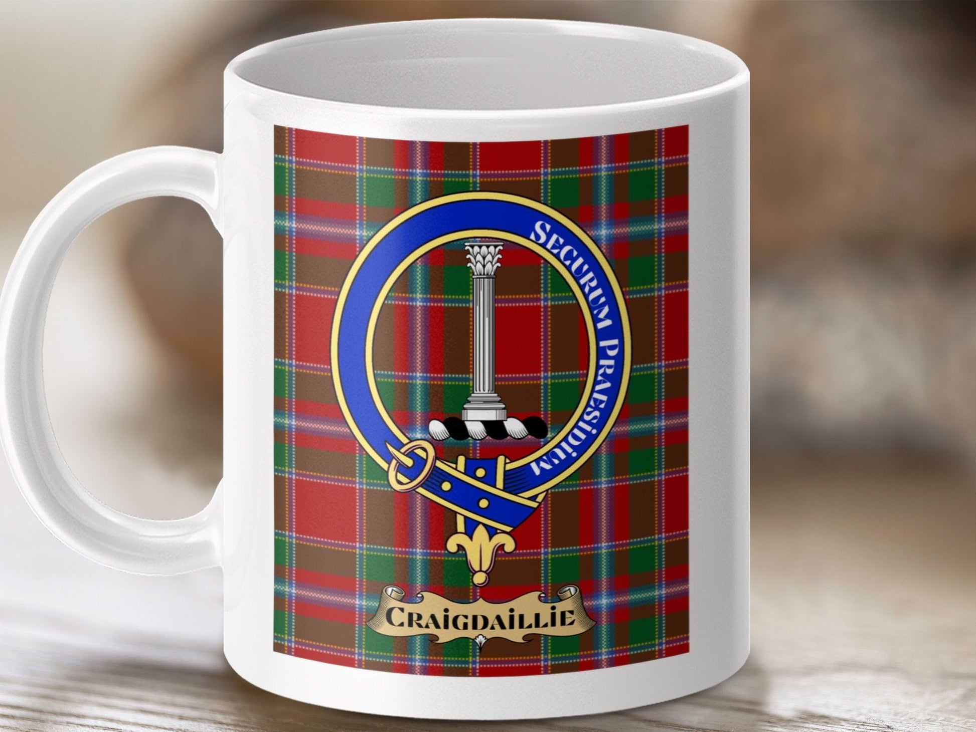 Physical Item 11oz / 11oz / White Craigdaillie Clan Scottish Tartan Crest Mug