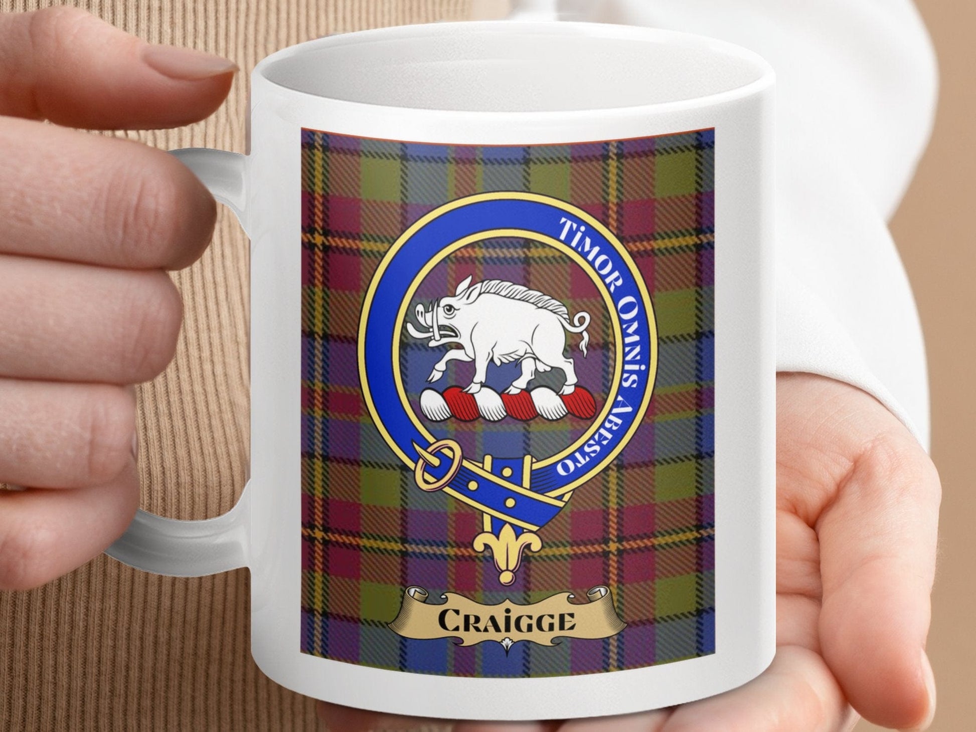 Physical Item 11oz / 11oz / White Craigge Clan Scottish Tartan Crest Mug