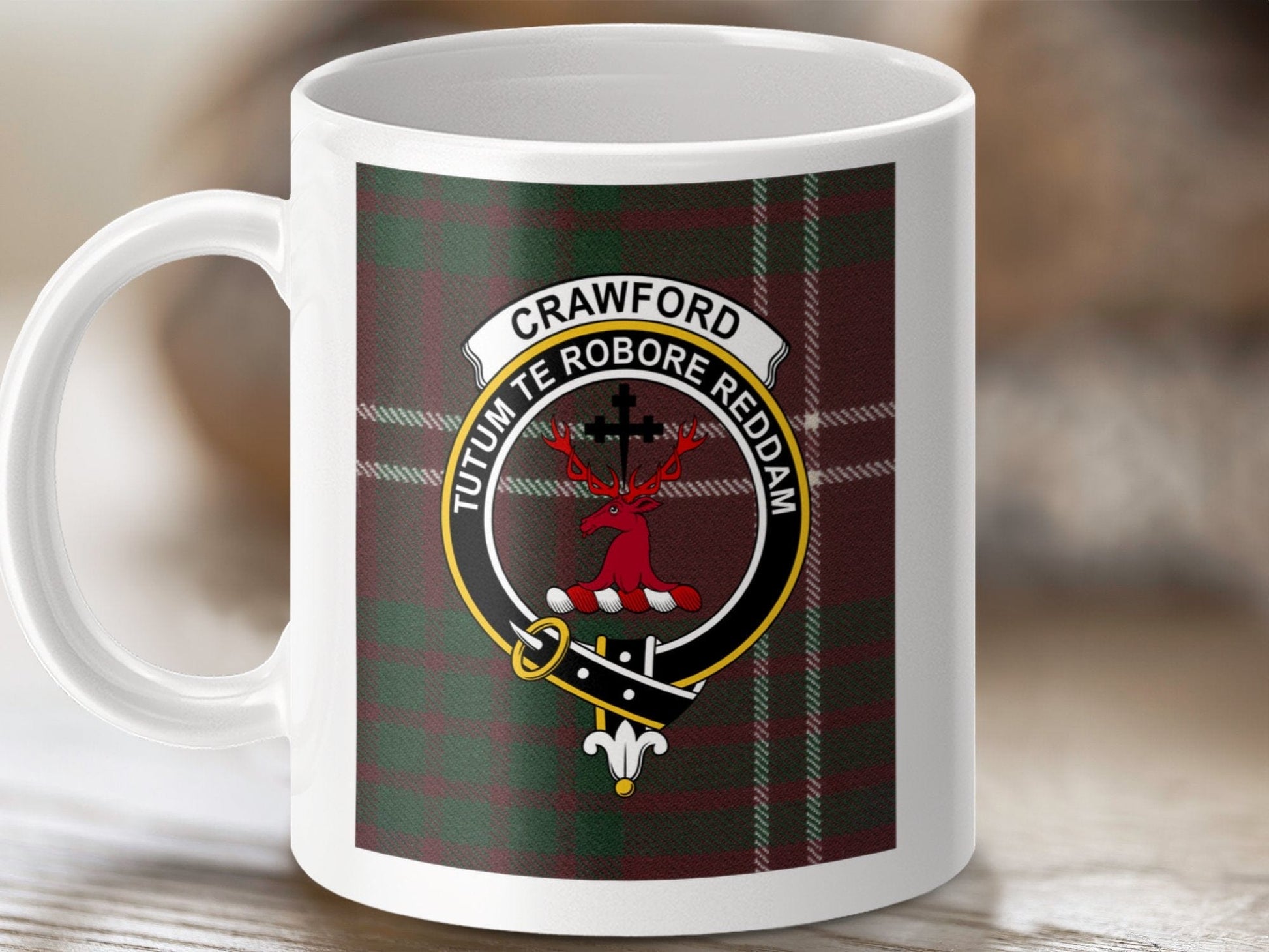 Physical Item 11oz / 11oz / White Crawford Clan Scottish Tartan Crest Mug