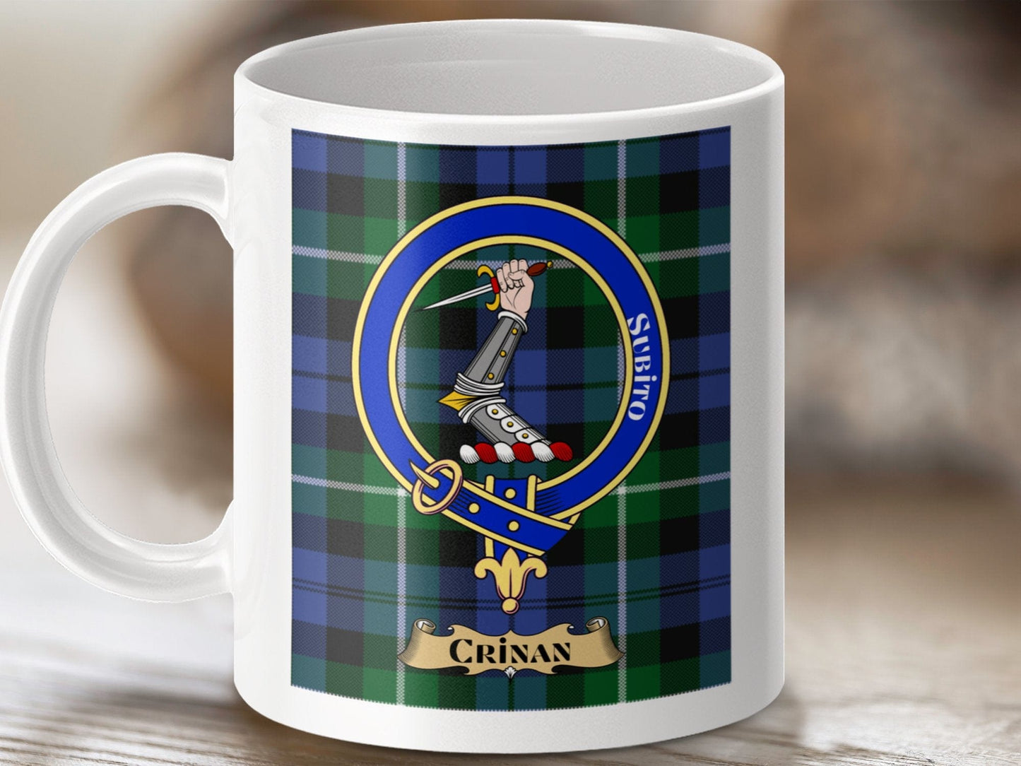 Physical Item 11oz / 11oz / White Crinan Scottish Tartan Crest Hand Holding Sword Mug