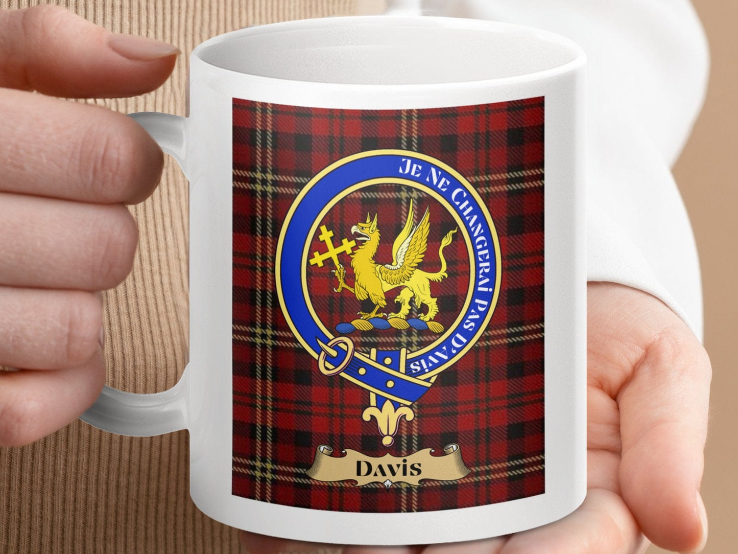 Physical Item 11oz / 11oz / White Davis Clan Scottish Tartan Crest Mug