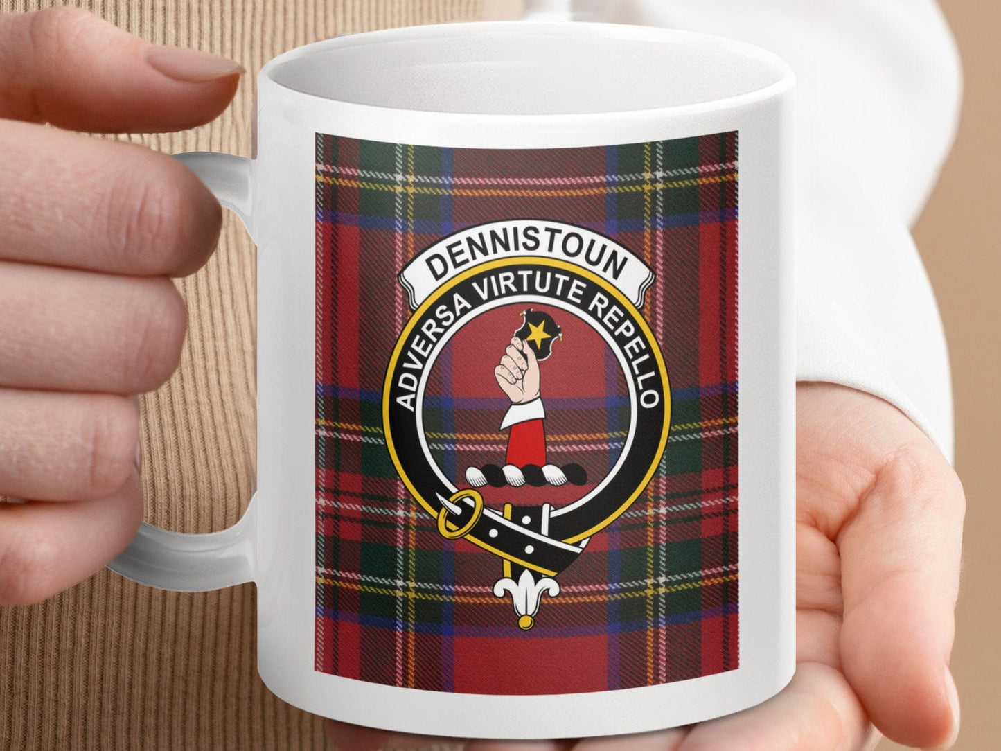 Physical Item 11oz / 11oz / White Dennistoun Clan Scottish Tartan Crest Mug