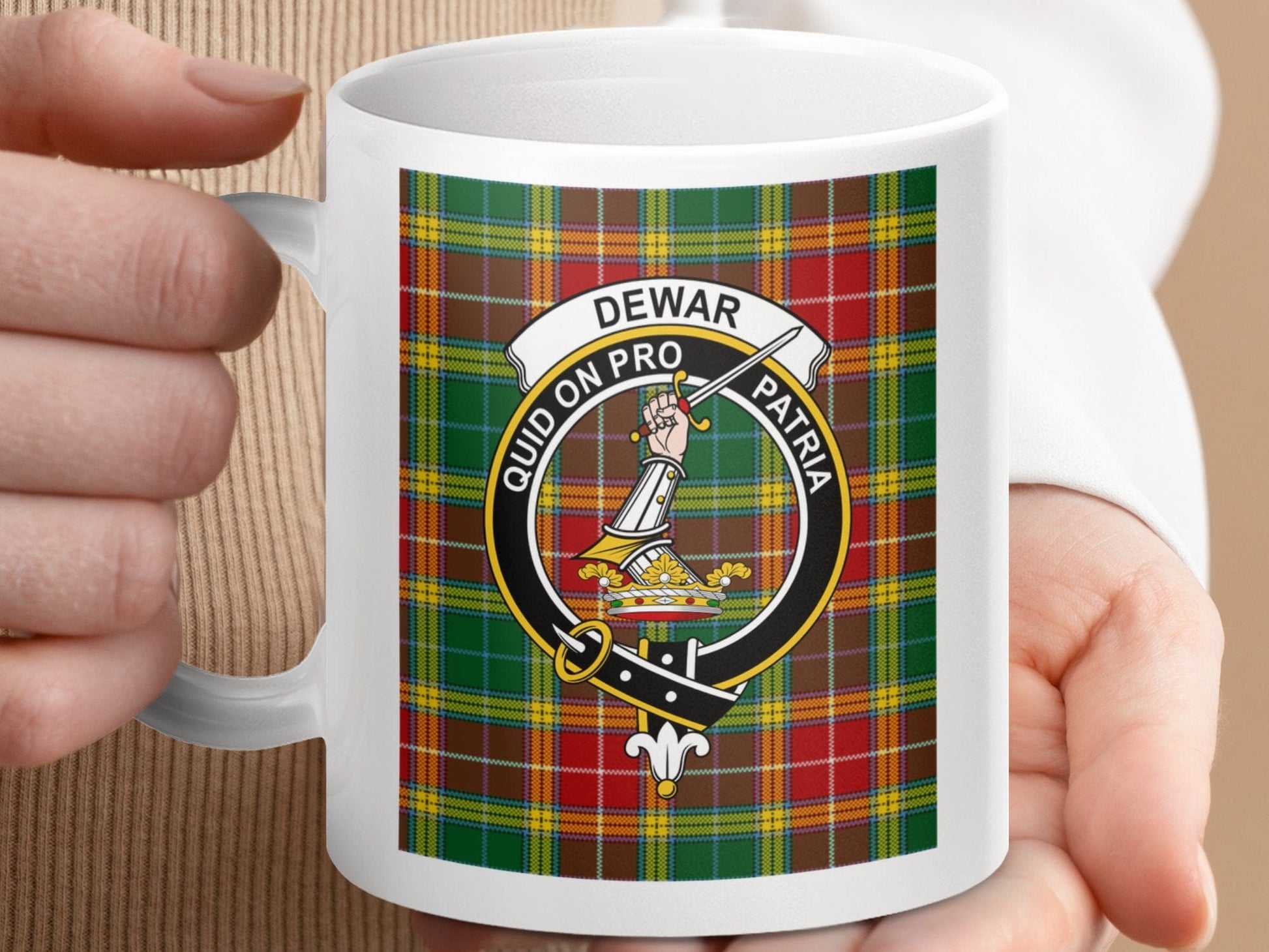 Physical Item 11oz / 11oz / White Dewar Clan Scottish Tartan Crest Mug