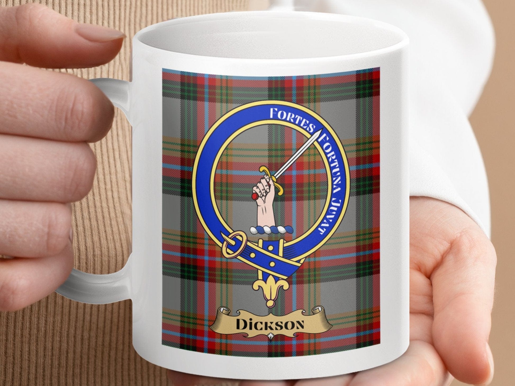 Physical Item 11oz / 11oz / White Dickson Clan Scottish Tartan Crest Mug