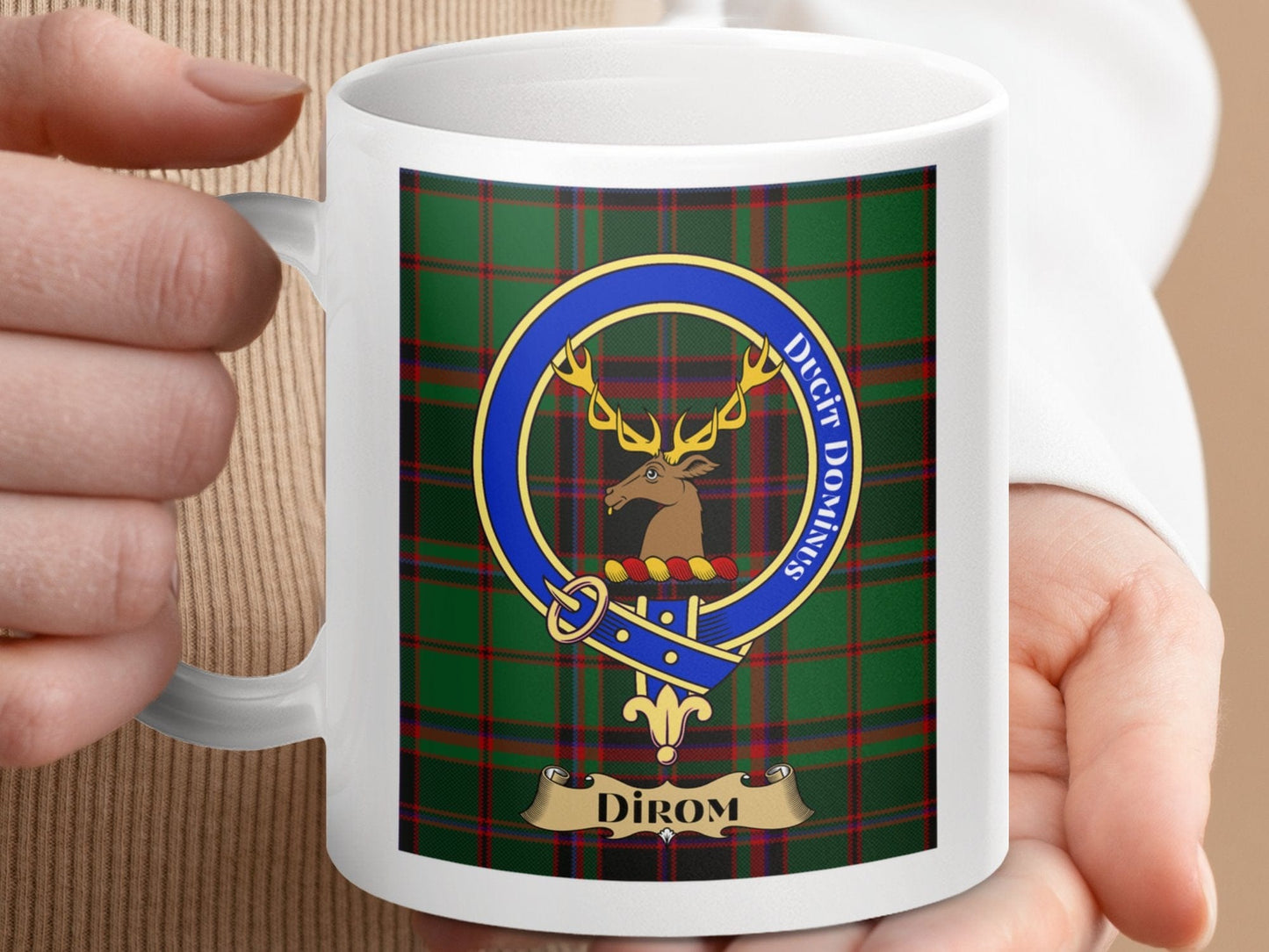 Physical Item 11oz / 11oz / White Dirom Clan Scottish Tartan Crest Mug