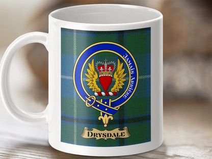 Physical Item 11oz / 11oz / White Drysdale Clan Scottish Tartan Crest mug