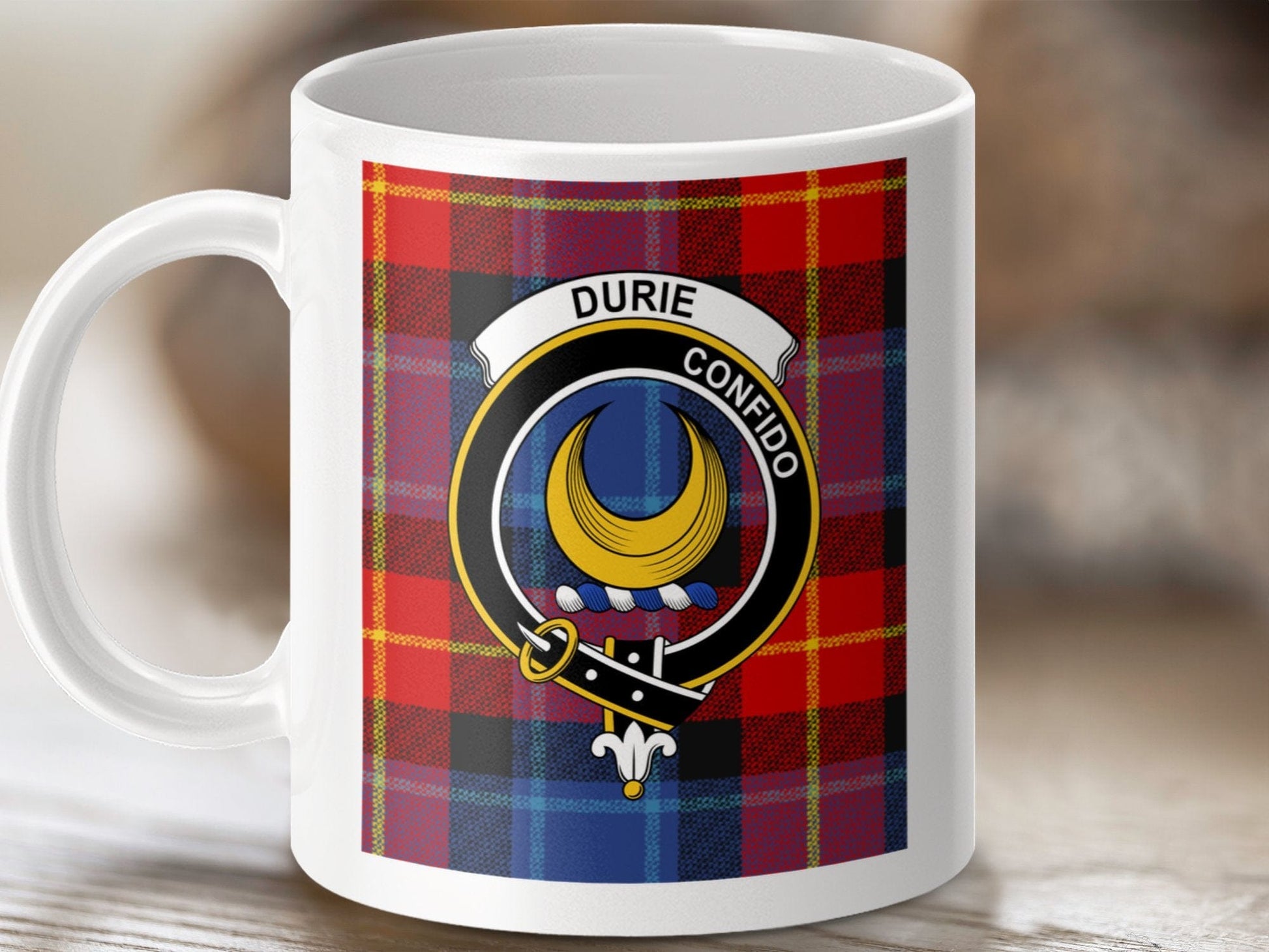 Physical Item 11oz / 11oz / White Durie Clan Scottish Tartan Crest Mug