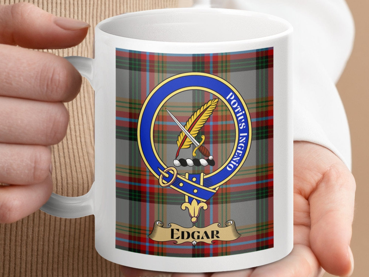 Physical Item 11oz / 11oz / White Edgar Clan Scottish Tartan Crest Mug