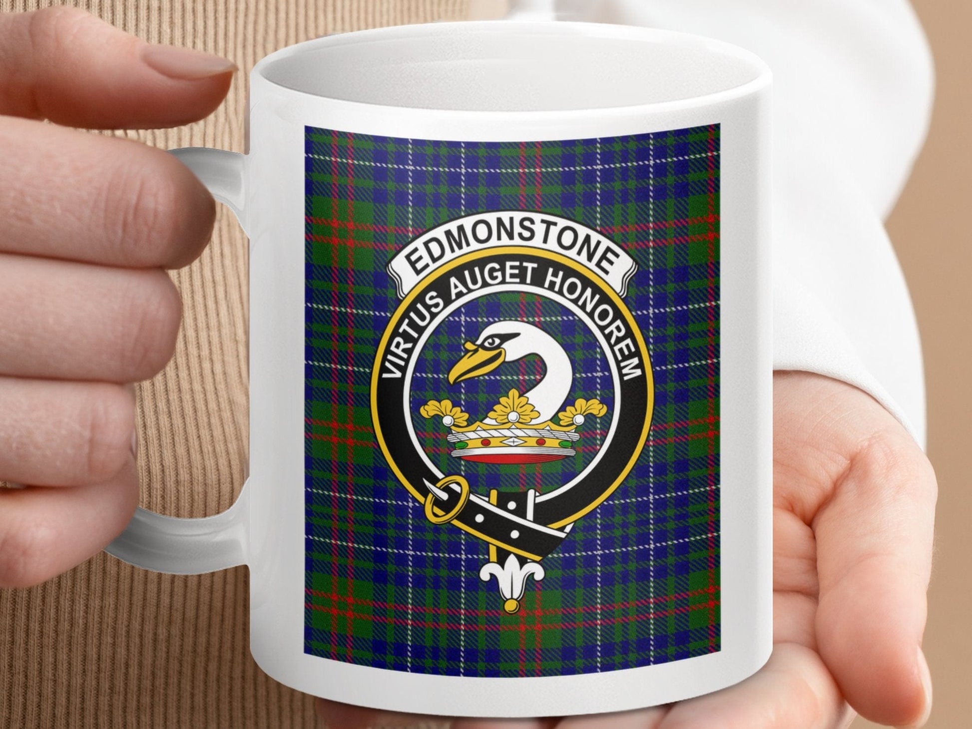 Physical Item 11oz / 11oz / White Edmonstone Clan Scottish Tartan Crest Mug