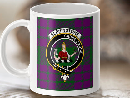 Physical Item 11oz / 11oz / White Elphinstone Clan Scottish Tartan Crest Mug