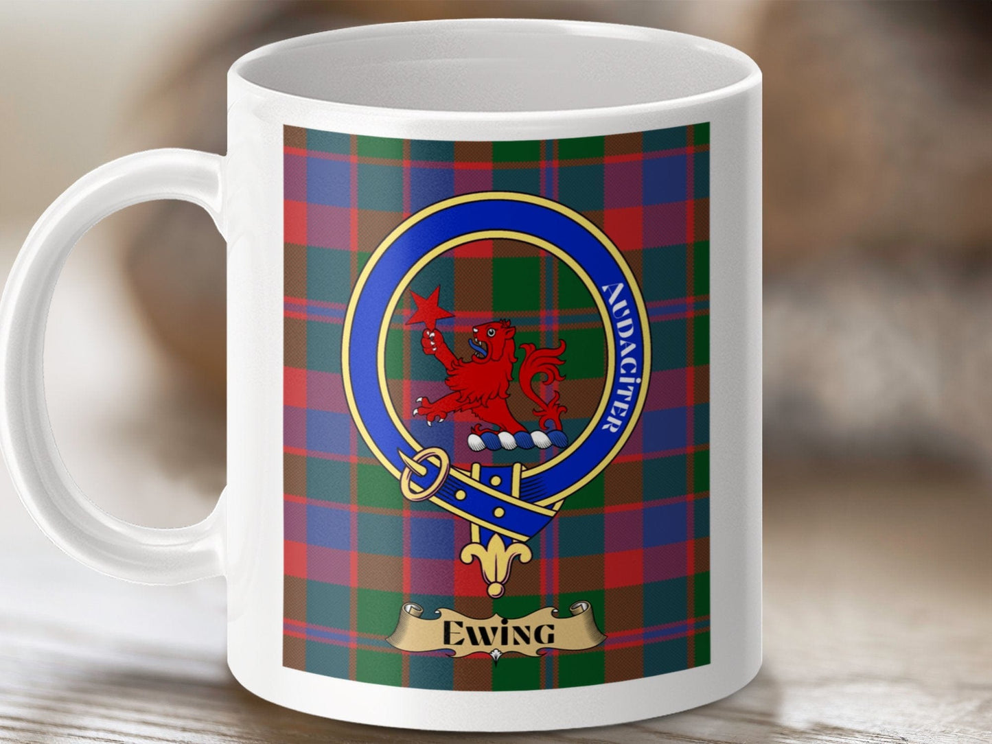 Physical Item 11oz / 11oz / White Ewing Clan Scottish Tartan Crest Mug