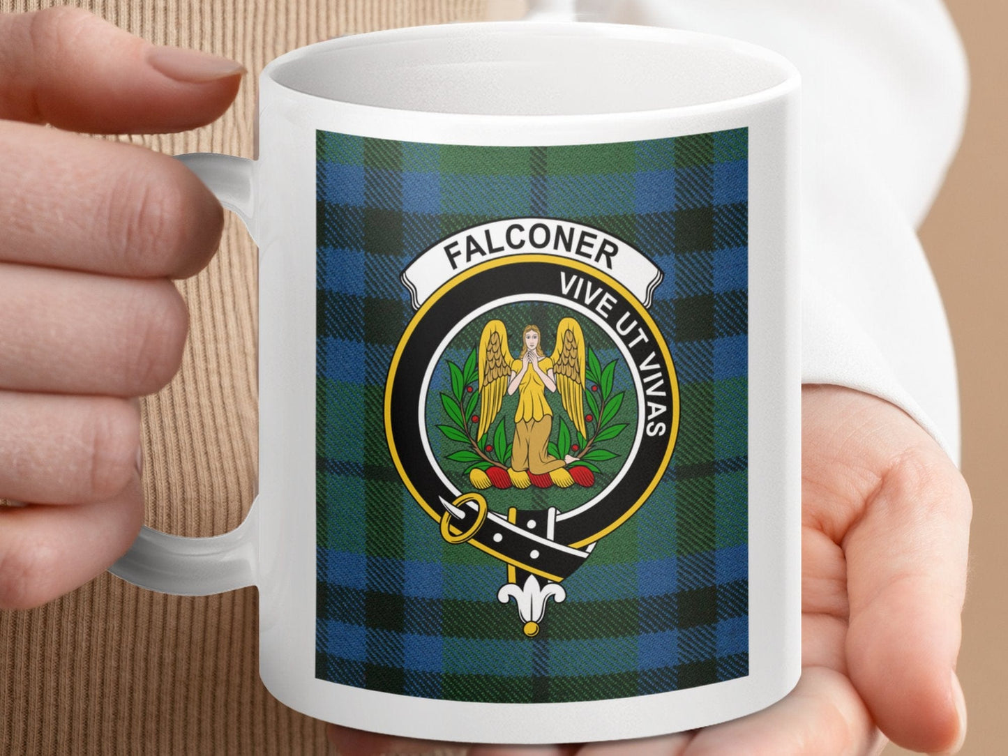 Physical Item 11oz / 11oz / White Falconer Clan Scottish Tartan Crest Mug