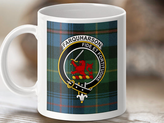 Physical Item 11oz / 11oz / White Farquharson Clan Scottish Tartan Crest Mug