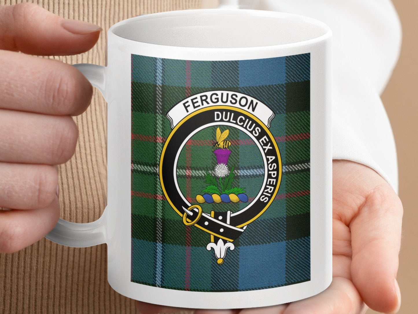 Physical Item 11oz / 11oz / White Ferguson Clan Scottish Tartan Crest Mug