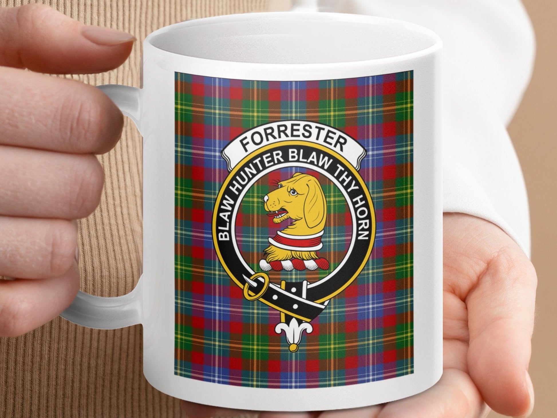 Physical Item 11oz / 11oz / White Forrester Clan Scottish Tartan Crest Mug