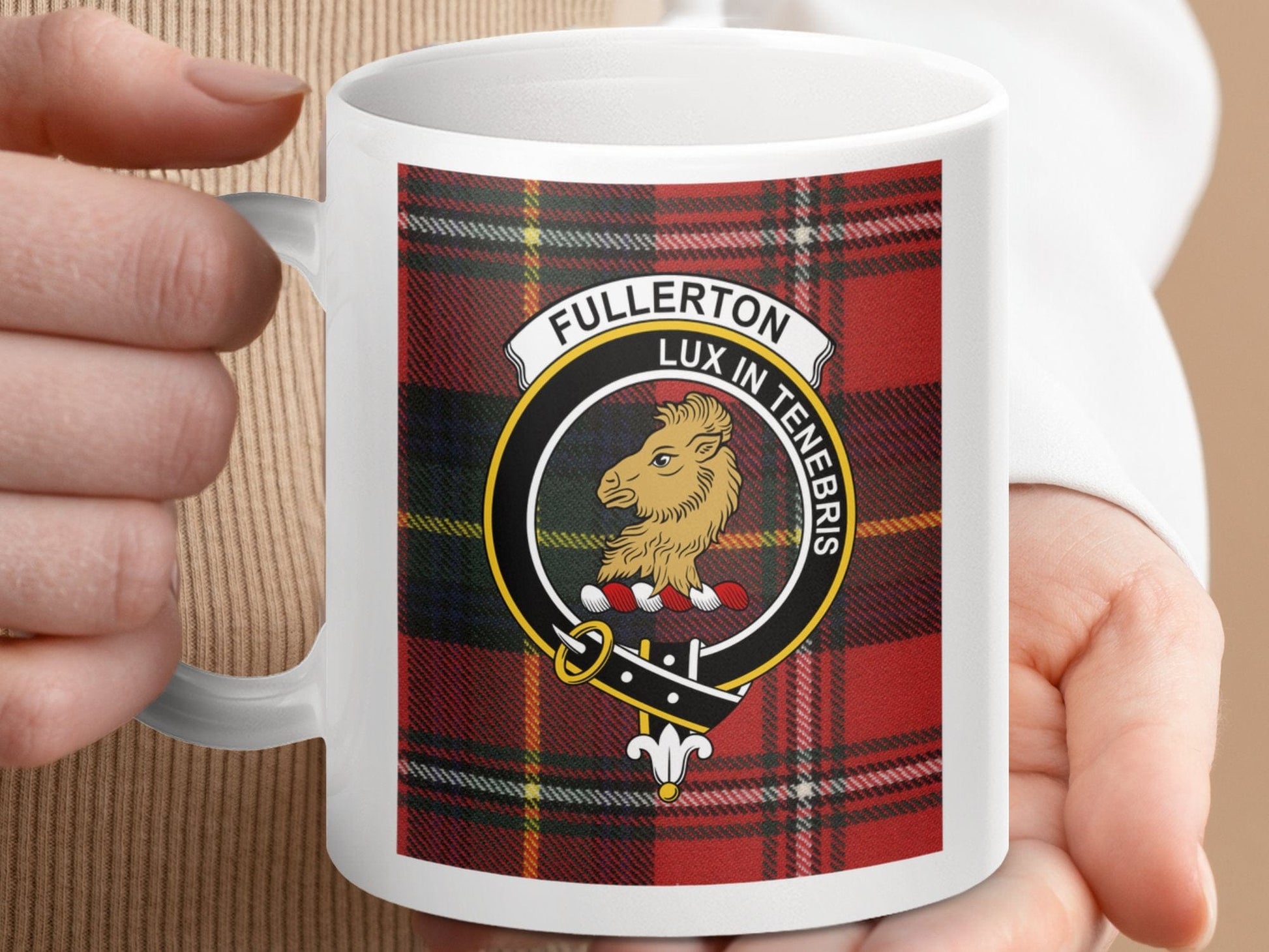 Physical Item 11oz / 11oz / White Fullerton Clan Scottish Tartan Crest Mug