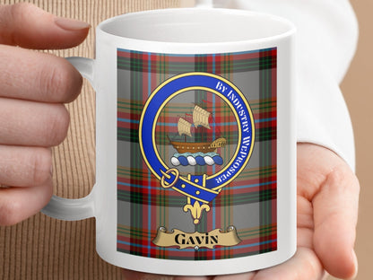 Physical Item 11oz / 11oz / White Gavin Clan Scottish Tartan Crest Mug