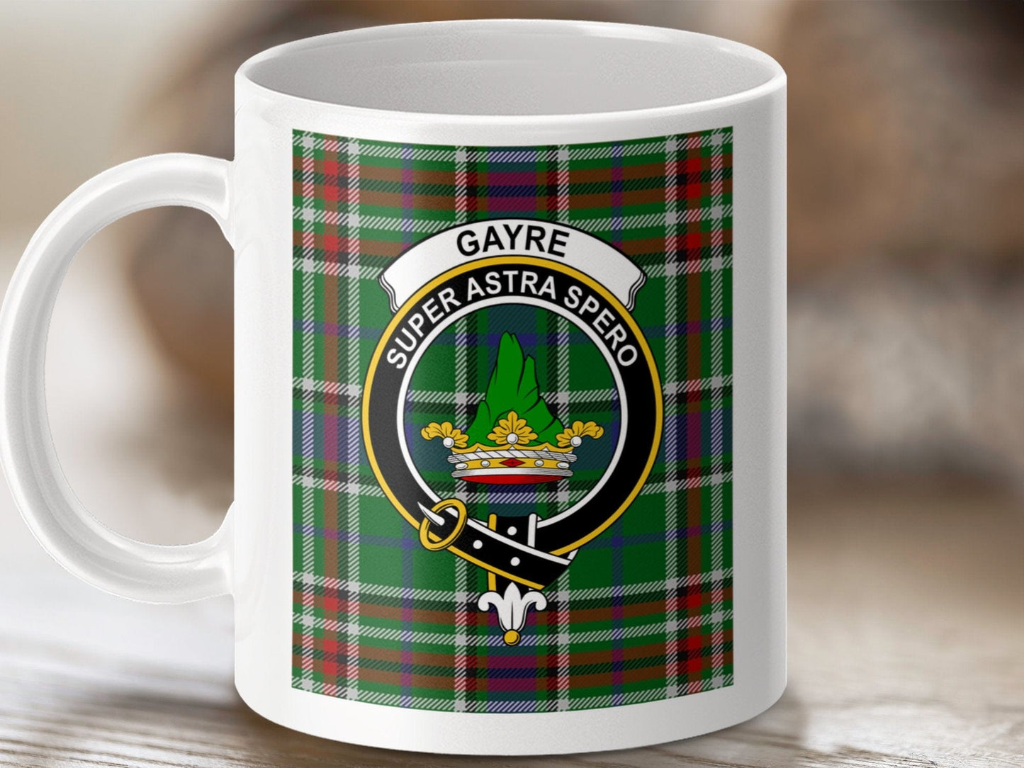 Physical Item 11oz / 11oz / White Gayre Clan Super Astra Spero Tartan Crest Mug