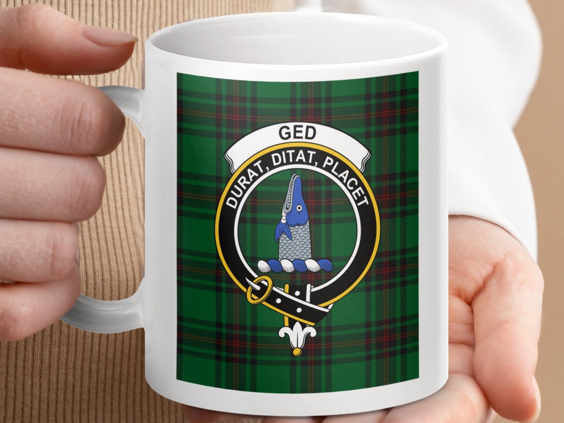 Physical Item 11oz / 11oz / White Ged Clan Scottish Tartan Crest Mug