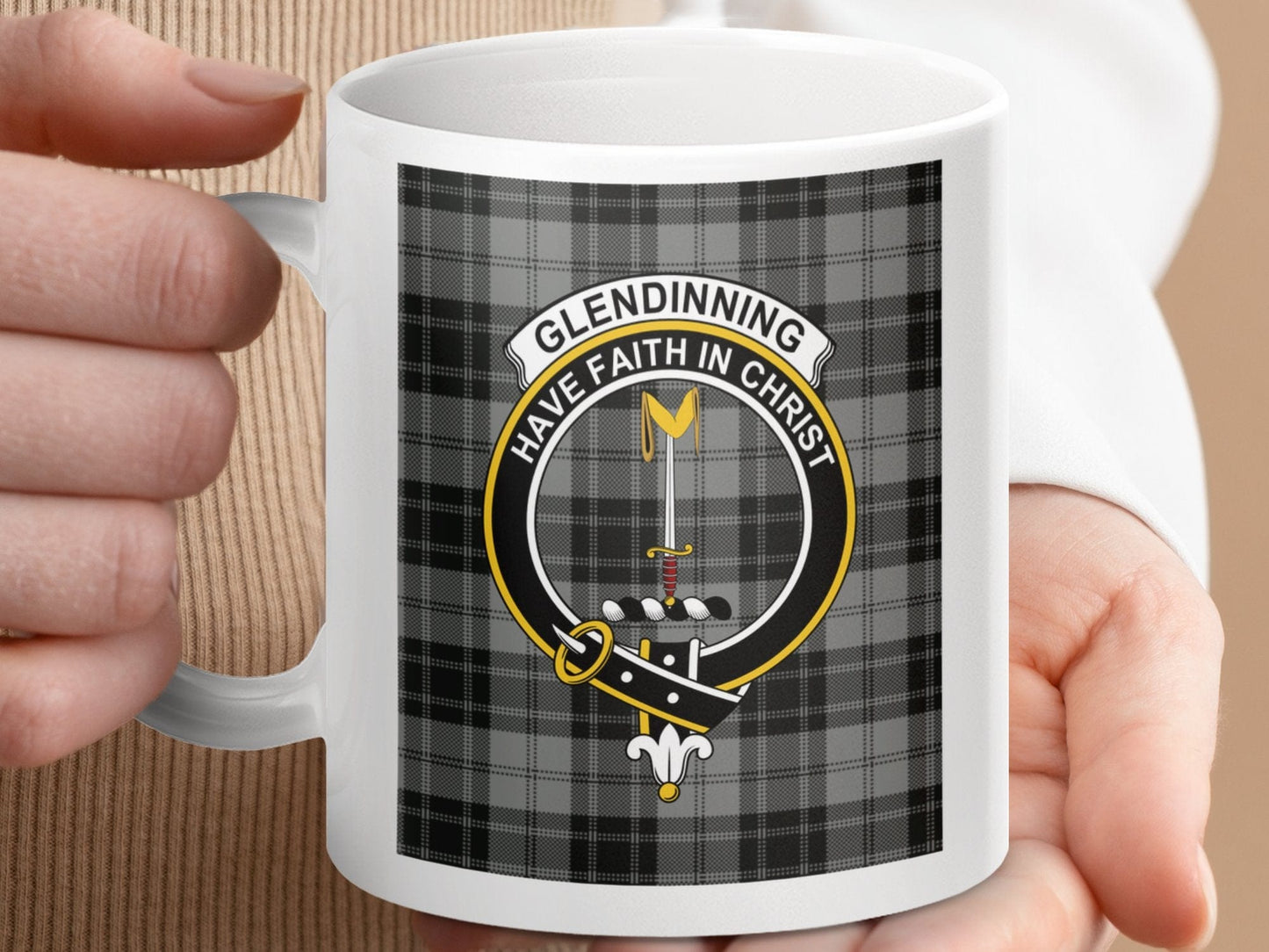 Physical Item 11oz / 11oz / White Glendinning Clan Scottish Tartan Crest Mug