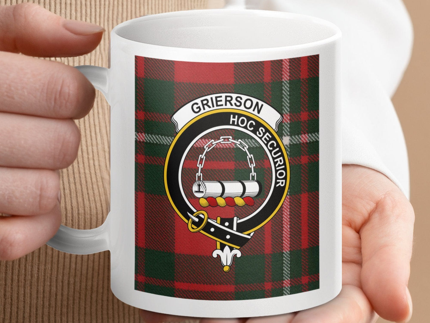 Physical Item 11oz / 11oz / White Grierson Clan Scottish Tartan Crest Mug