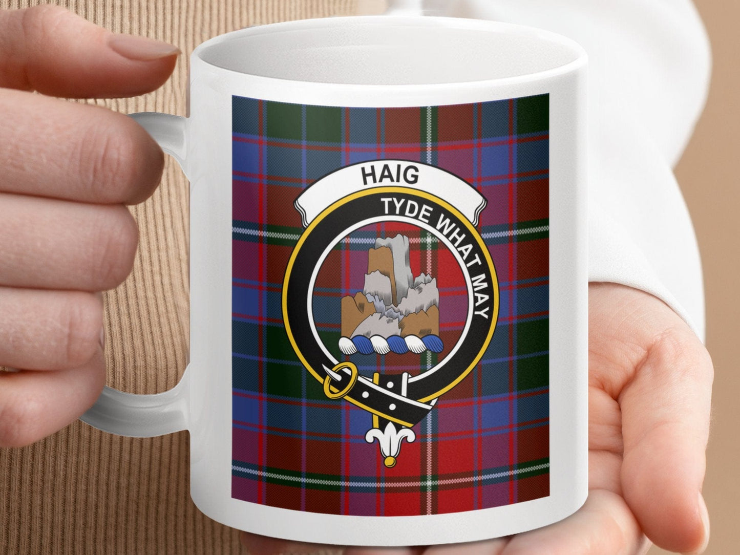 Physical Item 11oz / 11oz / White Haig Clan Tyde What May Scottish Tartan Crest Mug