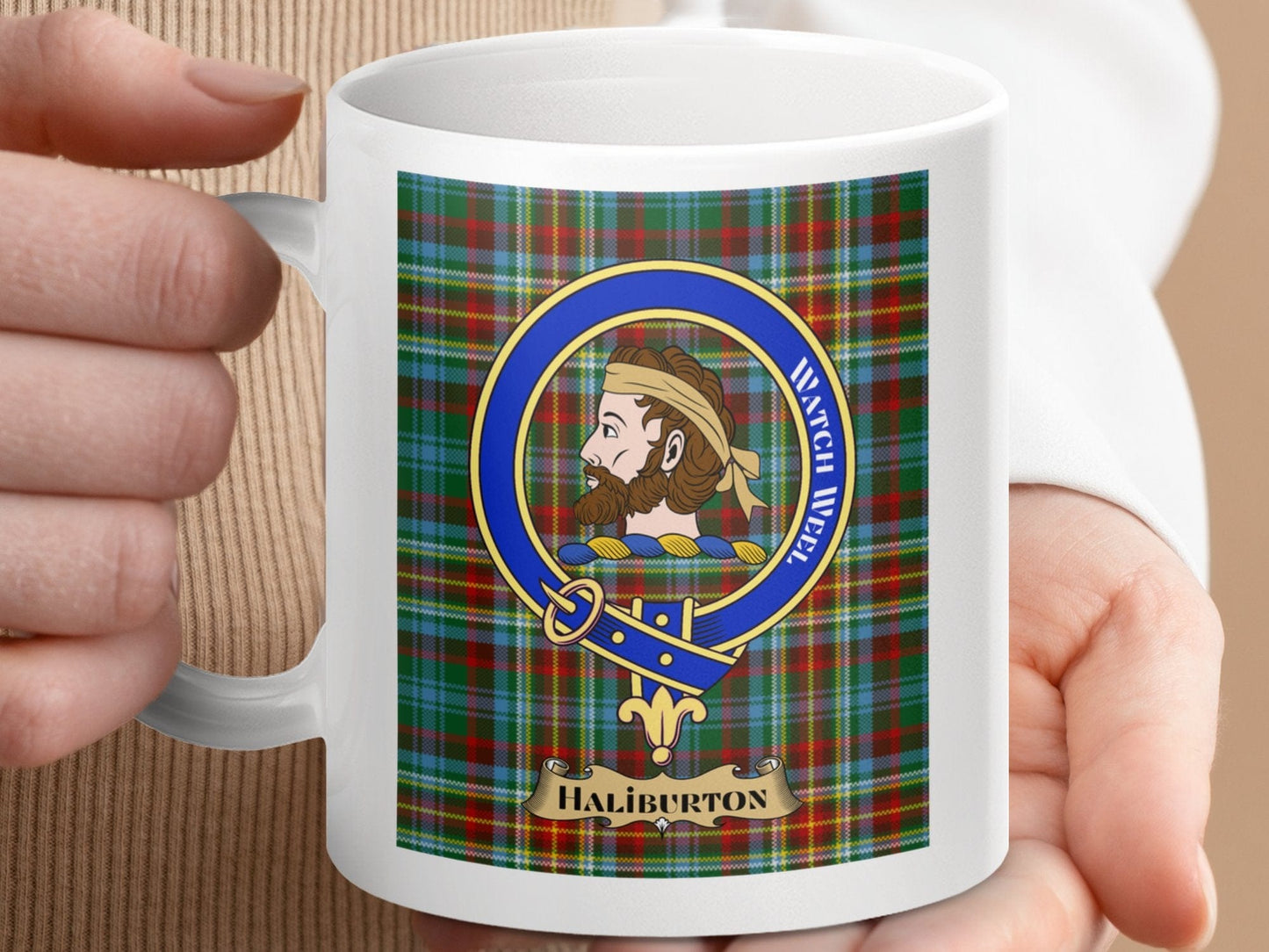 Physical Item 11oz / 11oz / White Haliburton Clan Scottish Tartan Crest Mug