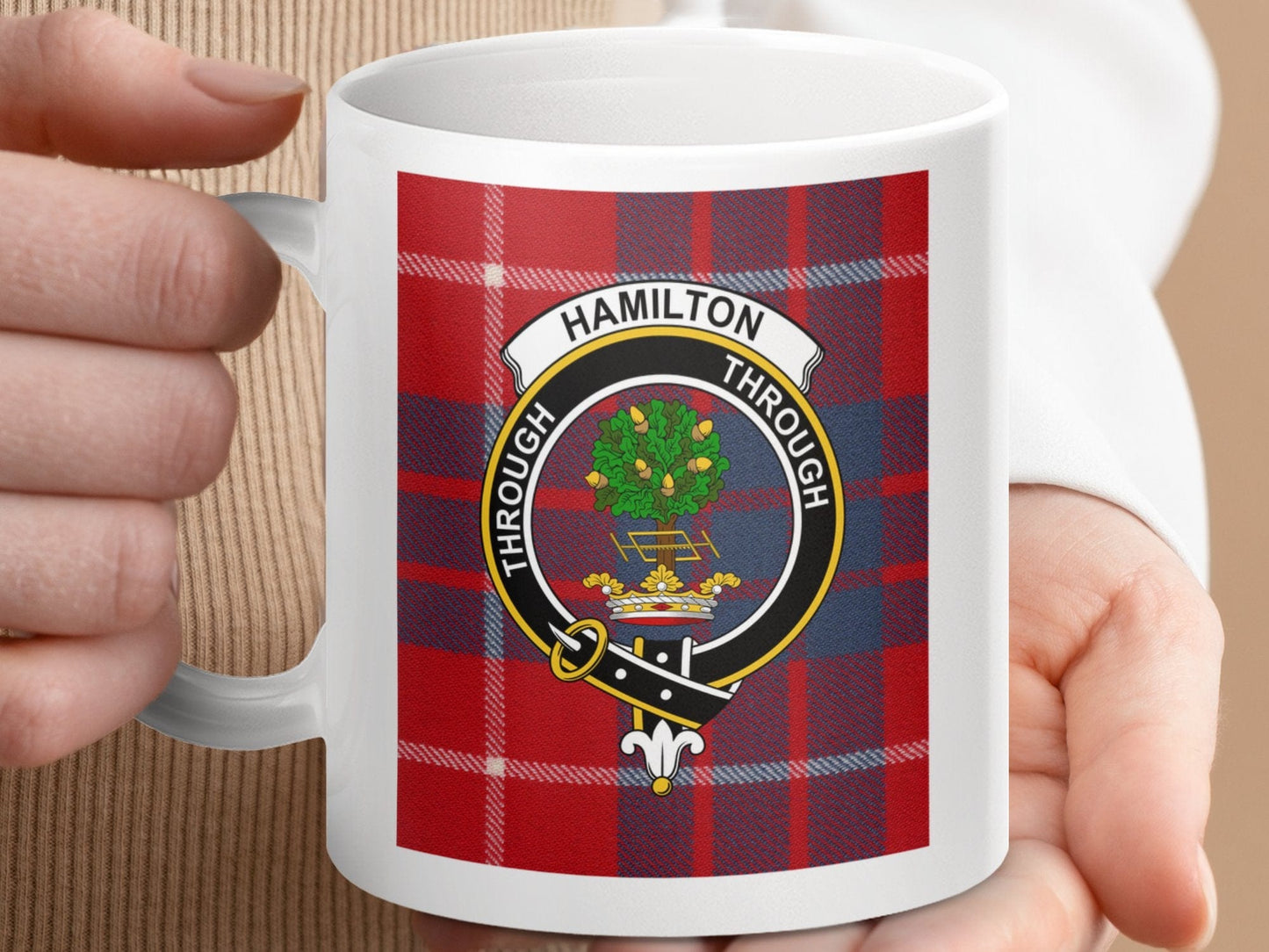 Physical Item 11oz / 11oz / White Hamilton Clan Scottish Tartan Crest Mug