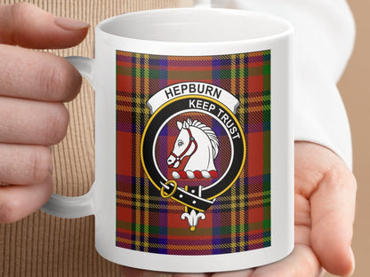 Physical Item 11oz / 11oz / White Hepburn Clan Scottish Tartan Crest Mug