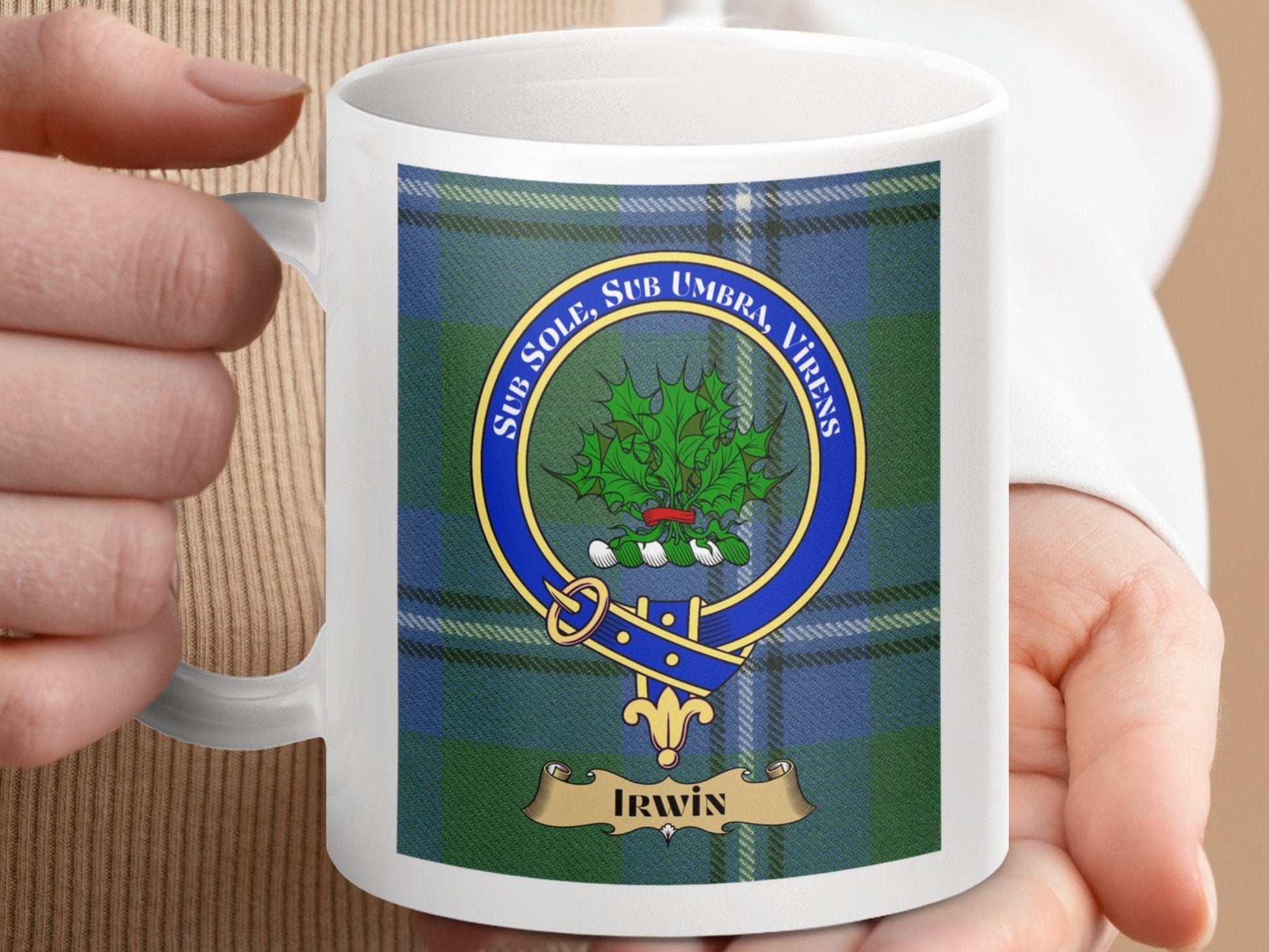 Physical Item 11oz / 11oz / White Irwin Clan Scottish Tartan Crest Mug